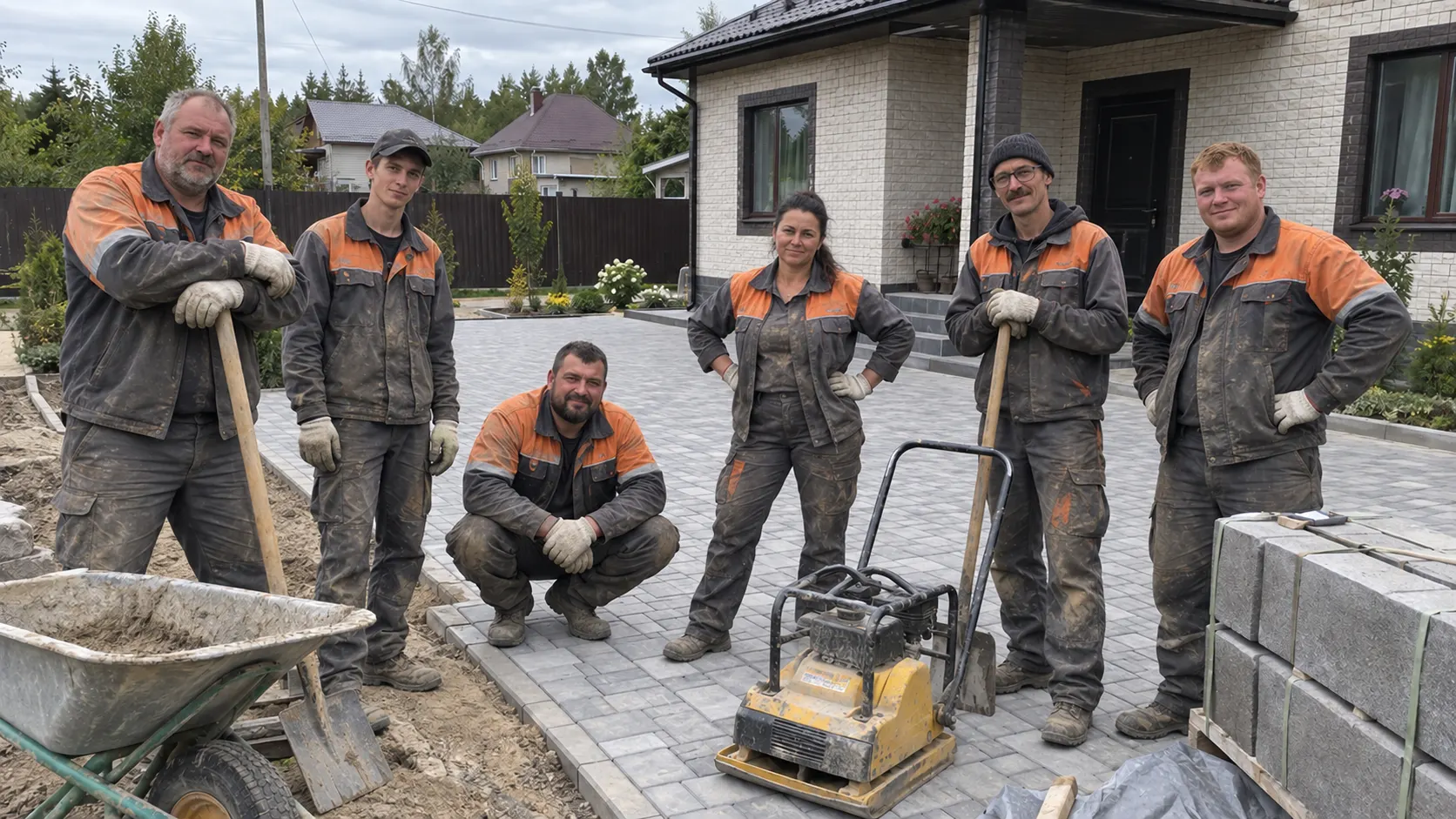 Бригада благоустройства у готовой площадки из брусчатки